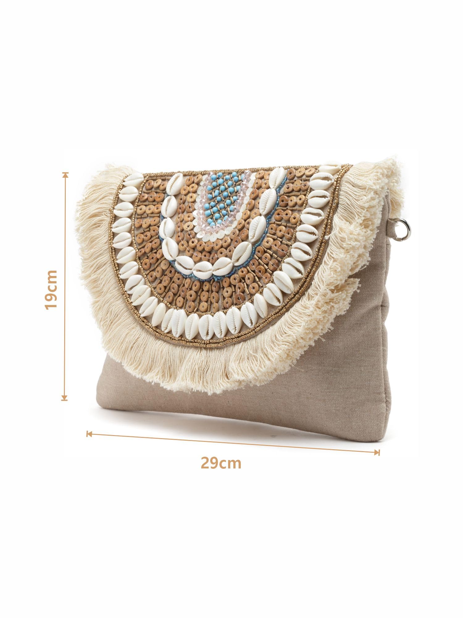 Anekaant Boho Nude & Brown Seashell Embellished Cotton Canvas Sling Bag - SaumyasStore