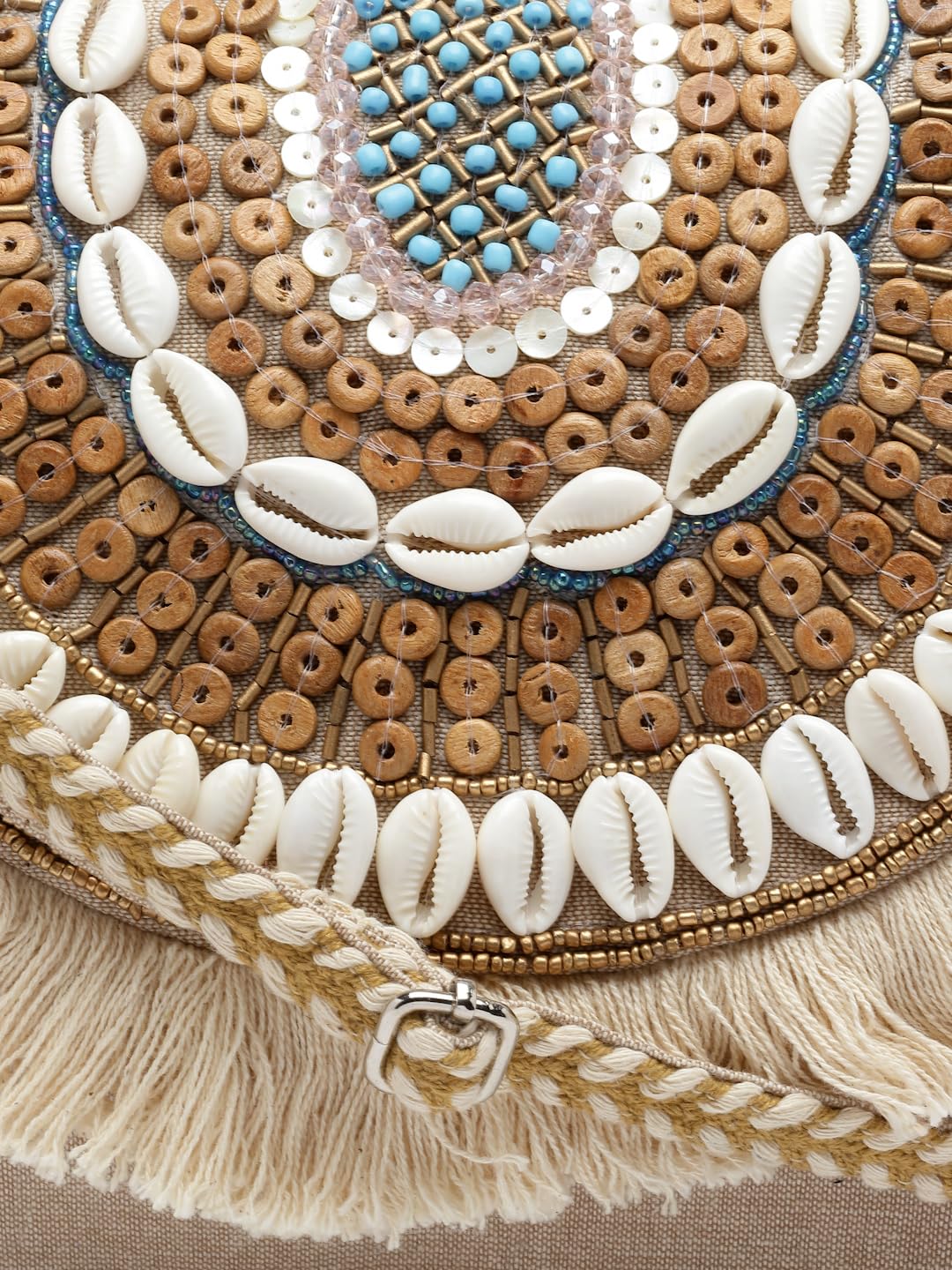 Anekaant Boho Nude & Brown Seashell Embellished Cotton Canvas Sling Bag - SaumyasStore