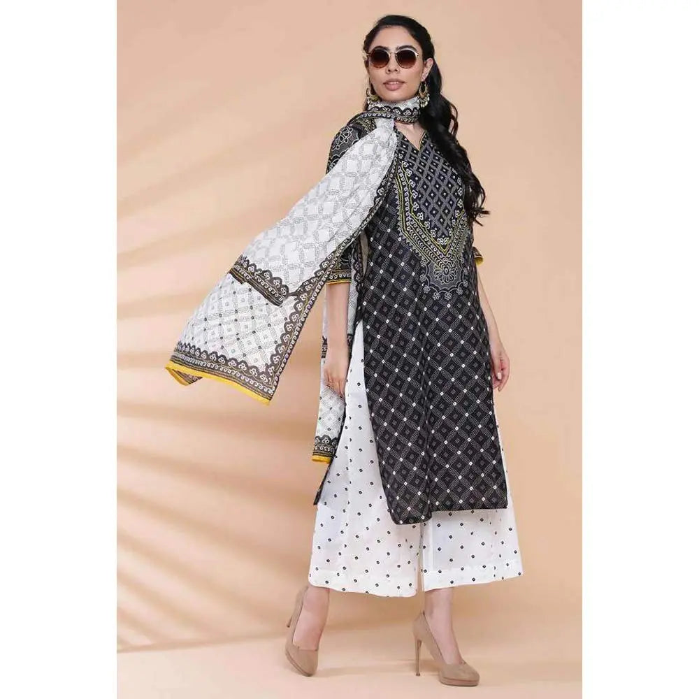 BIBA Cotton Women Printed Relaxed Salwar Kurta Dupatta(Skdassorted7197E_Black_34) SaumyasStore