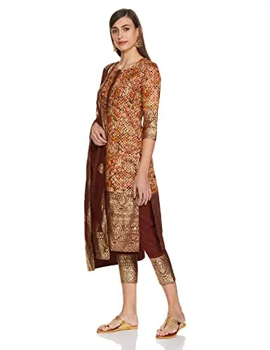 BIBA Cotton Women's Printed Relaxed Salwar Kurta Dupatta(Skddurgotsa7566_Choco Brown_36) SaumyasStore