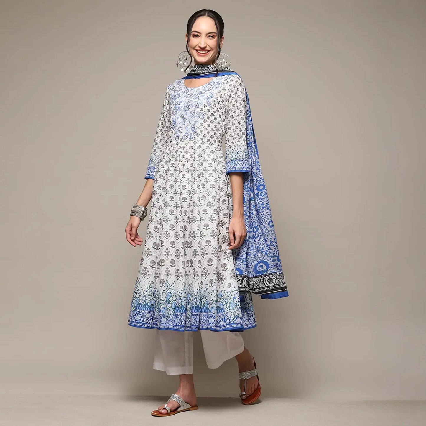 BIBA WOMEN PRINTED ANARKALI SALWAR KURTA DUPATTA(SKDASSORTED9042_WHITE_38) SaumyasStore