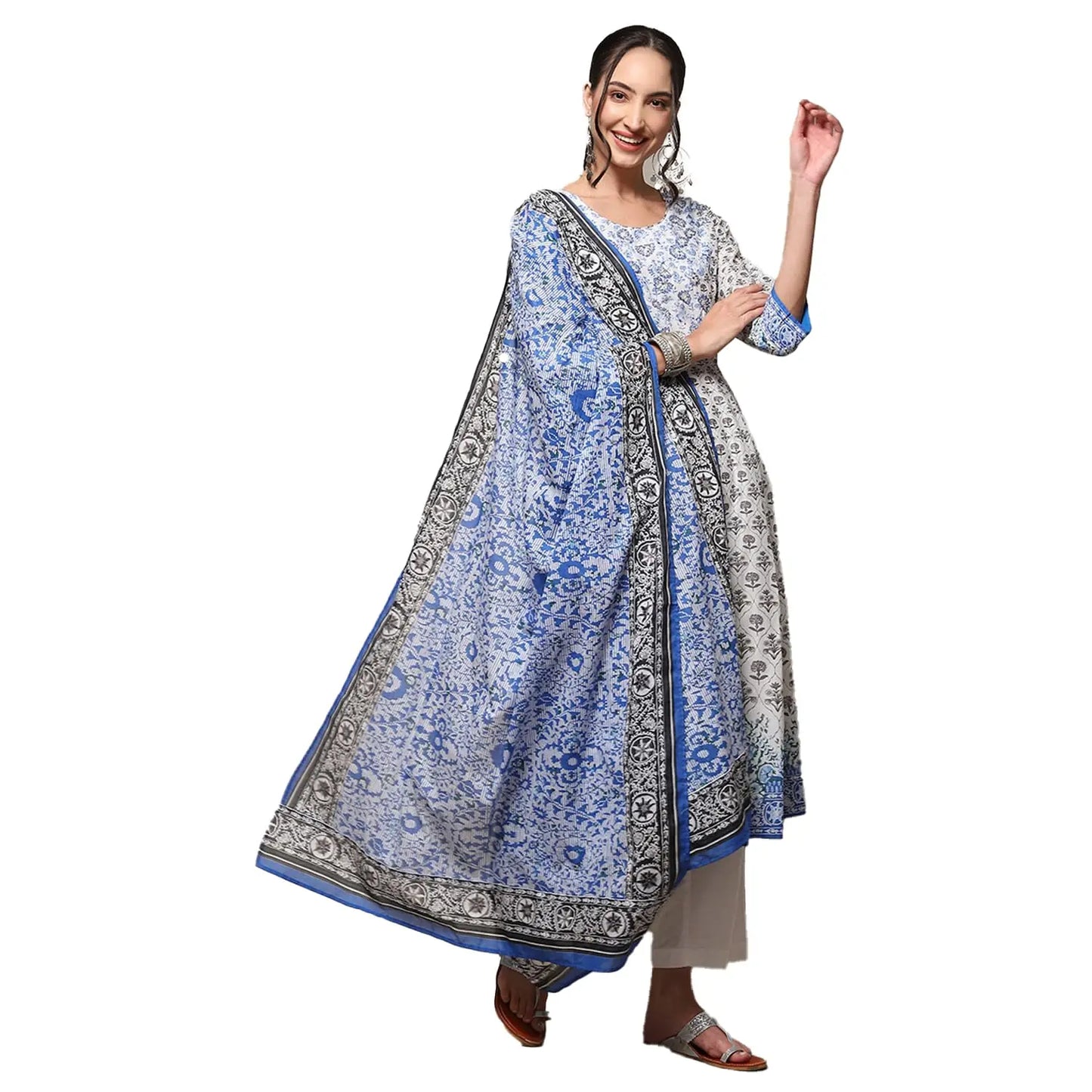 BIBA WOMEN PRINTED ANARKALI SALWAR KURTA DUPATTA(SKDASSORTED9042_WHITE_38) SaumyasStore