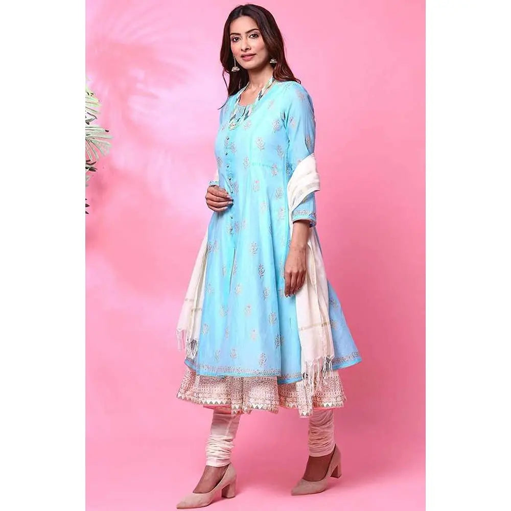 BIBA WOMEN PRINTED FLARED SALWAR KURTA DUPATTA(SKD5092_POWDER BLUE_38) SaumyasStore