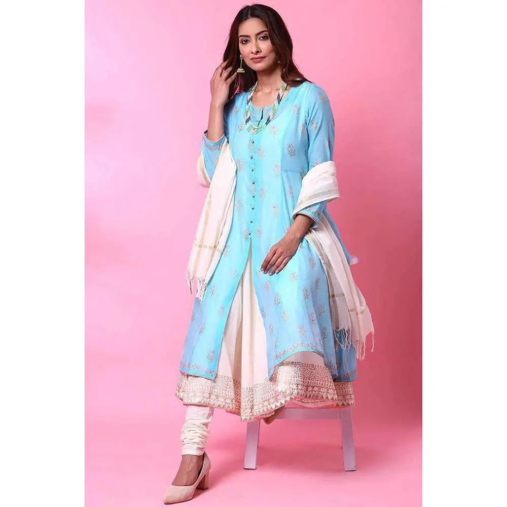 BIBA WOMEN PRINTED FLARED SALWAR KURTA DUPATTA(SKD5092_POWDER BLUE_38) SaumyasStore