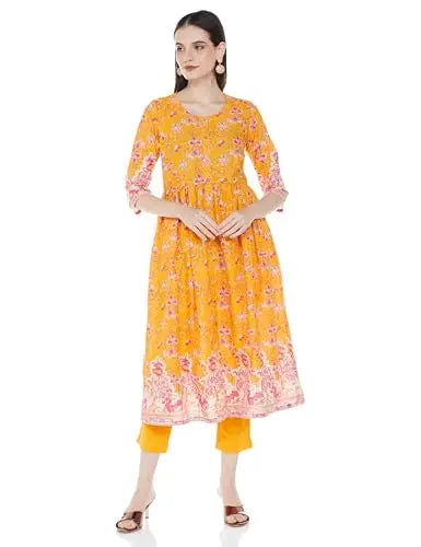 BIBA WOMEN PRINTED NARROW SALWAR KURTA DUPATTA(SKDSKD8078E_MUSTARD_36) SaumyasStore