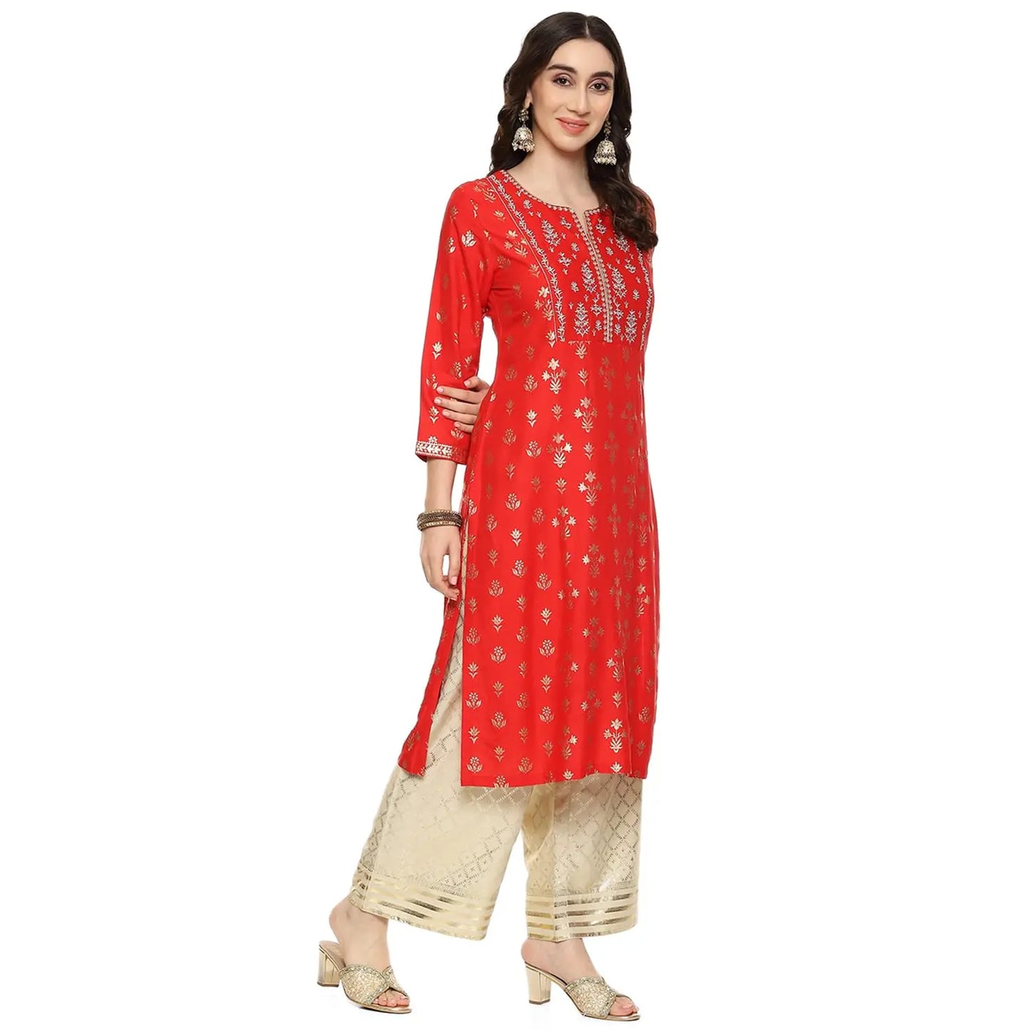 BIBA WOMEN PRINTED STRAIGHT SALWAR KURTA DUPATTA(SKD7451E_RED_40) SaumyasStore