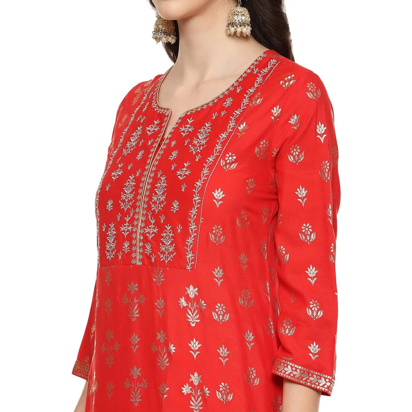 BIBA WOMEN PRINTED STRAIGHT SALWAR KURTA DUPATTA(SKD7451E_RED_40) SaumyasStore