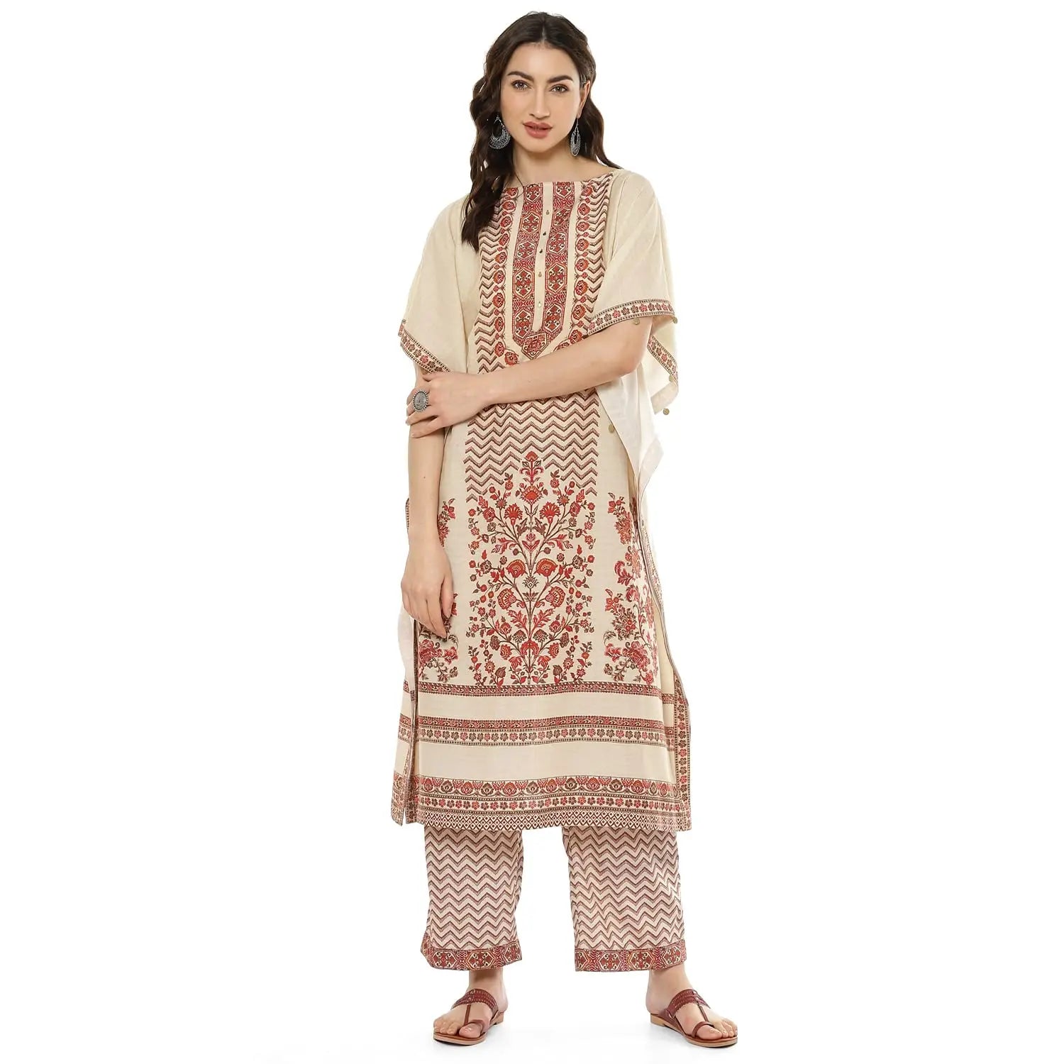 BIBA WOMEN PRINTED STRAIGHT SALWAR KURTA DUPATTA(SKDKAFTAN K7976_BEIGE_38) SaumyasStore