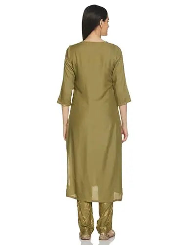BIBA WOMEN SOLID; EMBROIDRED STRAIGHT SALWAR KURTA DUPATTA(SKDASSORTED8817E_SAP GREEN_40) SaumyasStore