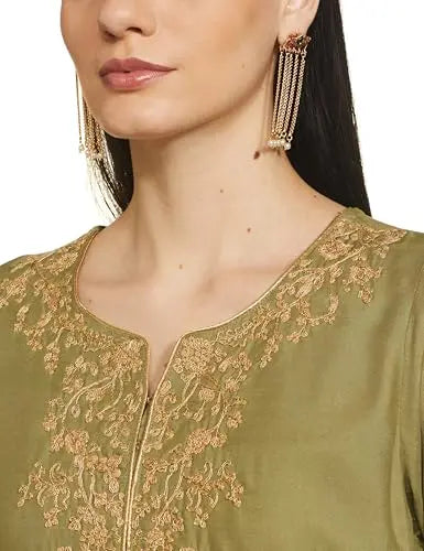 BIBA WOMEN SOLID; EMBROIDRED STRAIGHT SALWAR KURTA DUPATTA(SKDASSORTED8817E_SAP GREEN_40) SaumyasStore