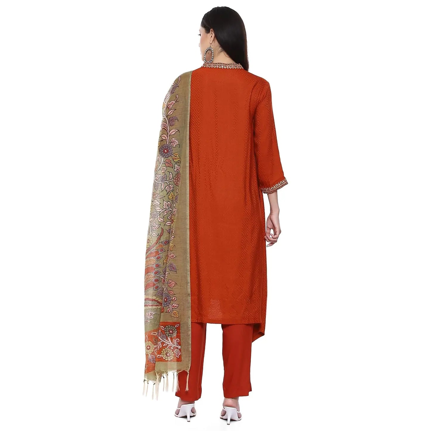 BIBA WOMEN YARNDYED ASYMMETRIC SALWAR KURTA DUPATTA(SKDKALAMKAR9002_BURNT ORANGE_42) SaumyasStore