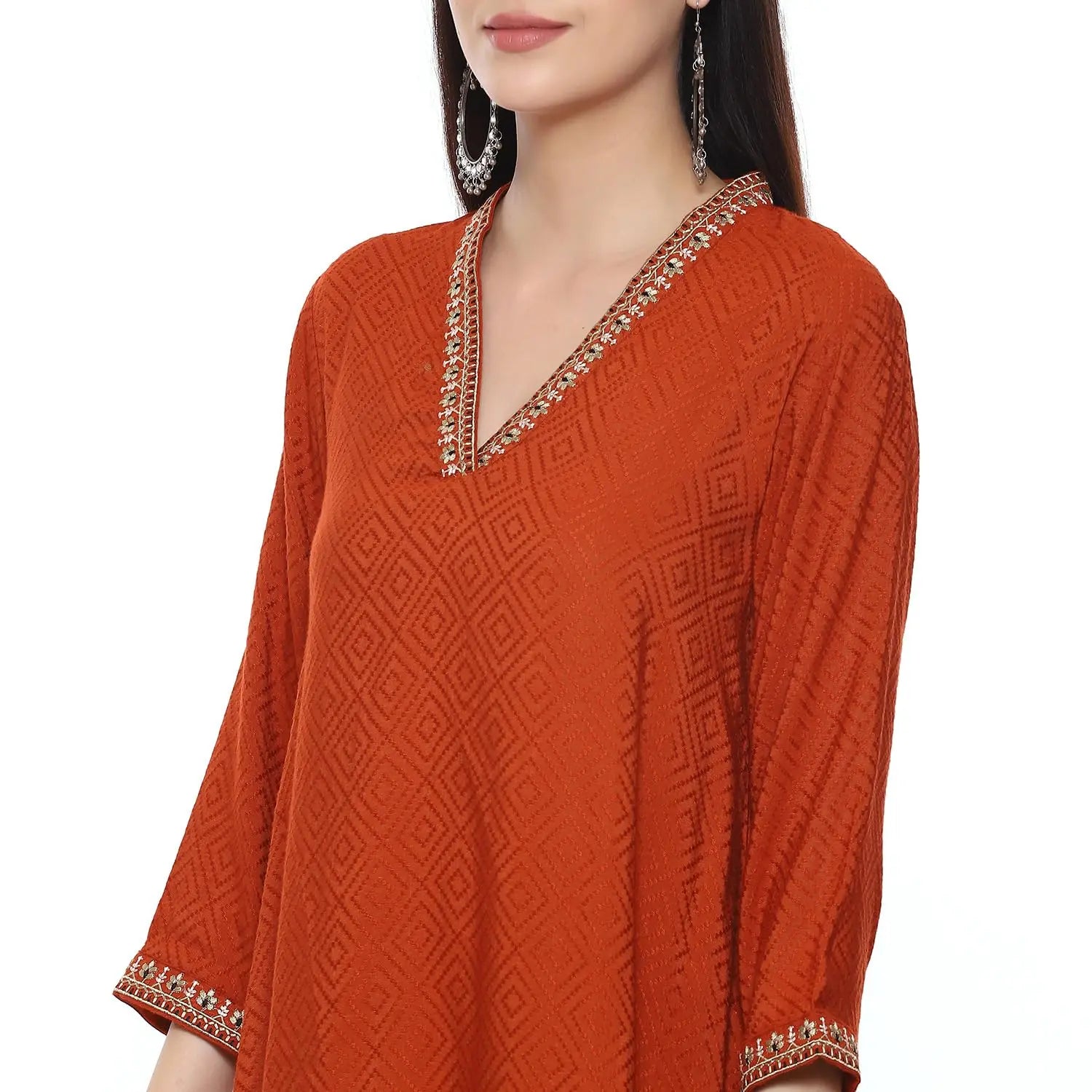 BIBA WOMEN YARNDYED ASYMMETRIC SALWAR KURTA DUPATTA(SKDKALAMKAR9002_BURNT ORANGE_42) SaumyasStore