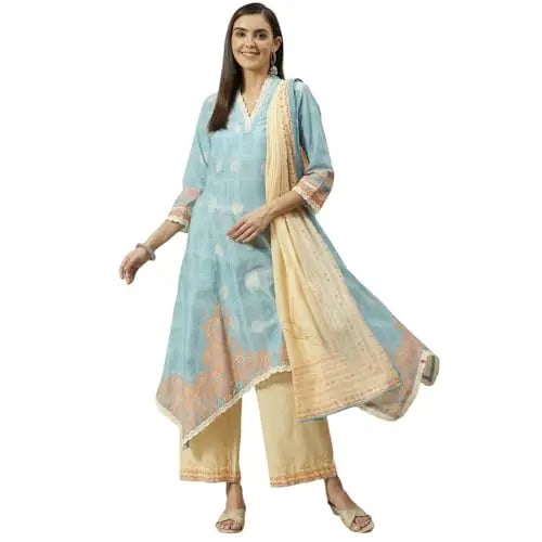 BIBA Women Cotton Kalidar Printed Suit Set (SKD7882EAW21PALEBLU_Pale Blue SaumyasStore