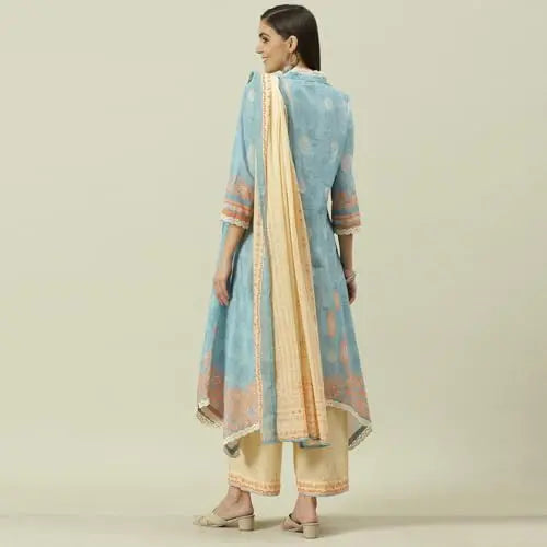 BIBA Women Cotton Kalidar Printed Suit Set (SKD7882EAW21PALEBLU_Pale Blue SaumyasStore
