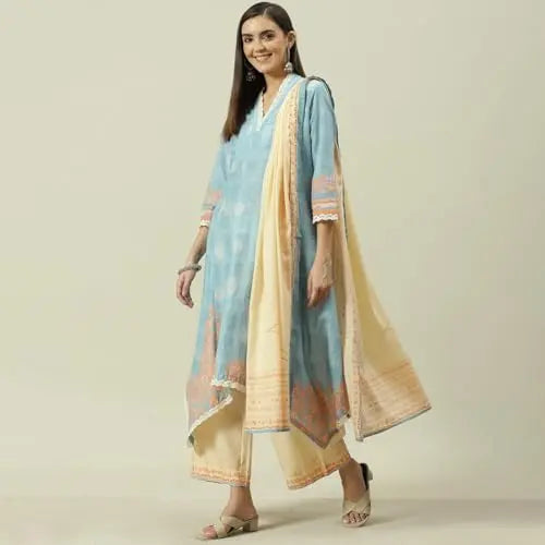 BIBA Women Cotton Kalidar Printed Suit Set (SKD7882EAW21PALEBLU_Pale Blue SaumyasStore