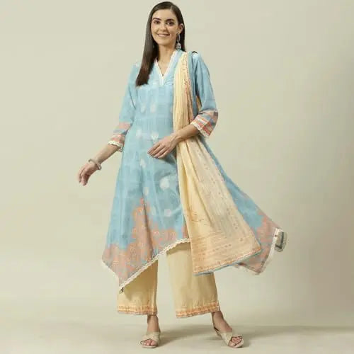 BIBA Women Cotton Kalidar Printed Suit Set (SKD7882EAW21PALEBLU_Pale Blue SaumyasStore