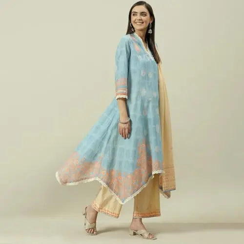 BIBA Women Cotton Kalidar Printed Suit Set (SKD7882EAW21PALEBLU_Pale Blue SaumyasStore