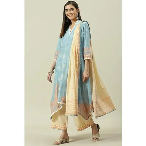 BIBA Women Cotton Kalidar Printed Suit Set (SKD7882EAW21PALEBLU_Pale Blue SaumyasStore