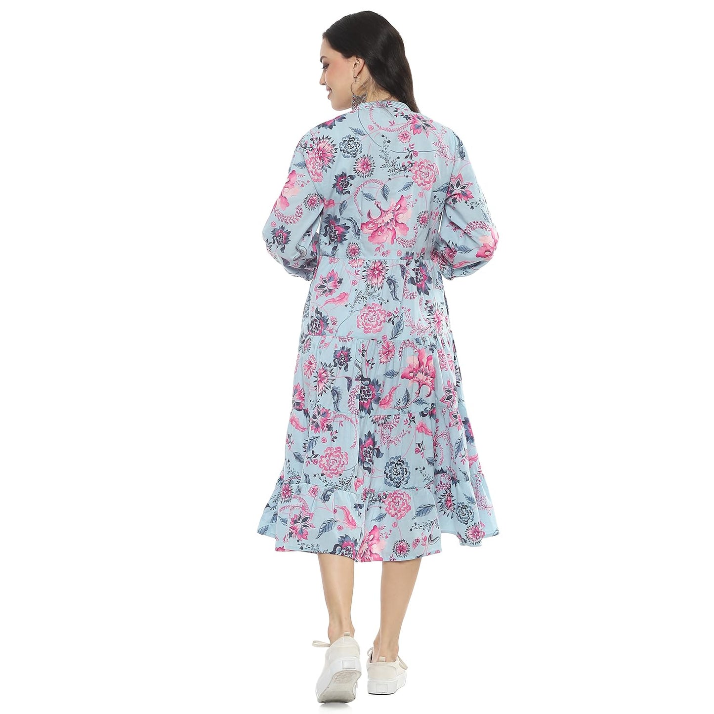 BIBA Women Cotton Printed Dress Ankle Length CHINTZPOPCOLLECTION2356SS24PBLU_Blue - SaumyasStore