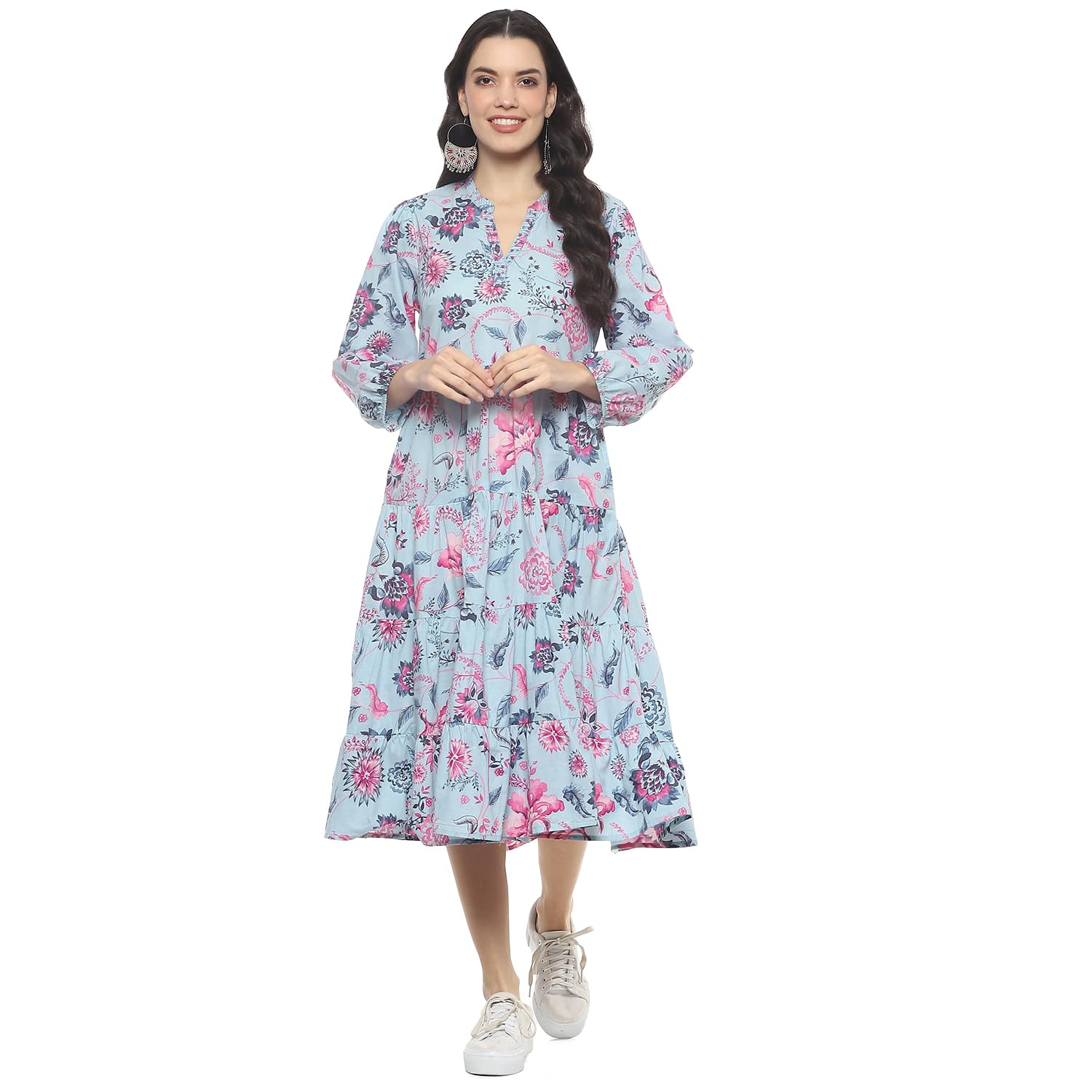 BIBA Women Cotton Printed Dress Ankle Length CHINTZPOPCOLLECTION2356SS24PBLU_Blue - SaumyasStore