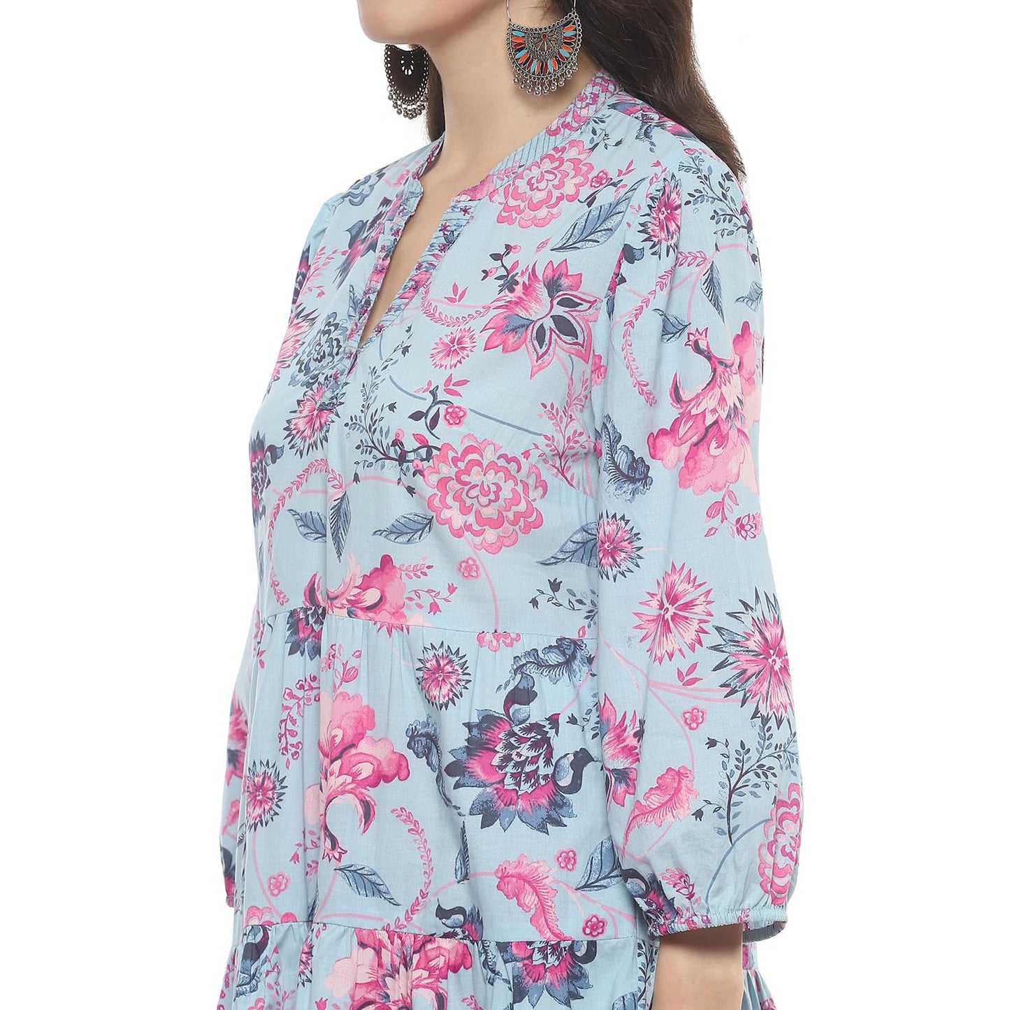 BIBA Women Cotton Printed Dress Ankle Length CHINTZPOPCOLLECTION2356SS24PBLU_Blue - SaumyasStore