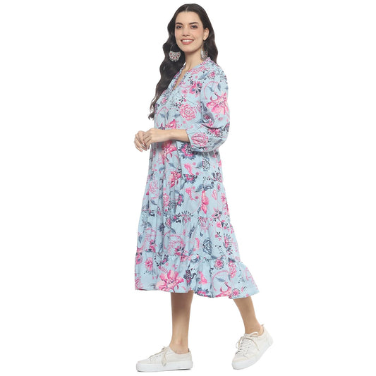 BIBA Women Cotton Printed Dress Ankle Length CHINTZPOPCOLLECTION2356SS24PBLU_Blue - SaumyasStore