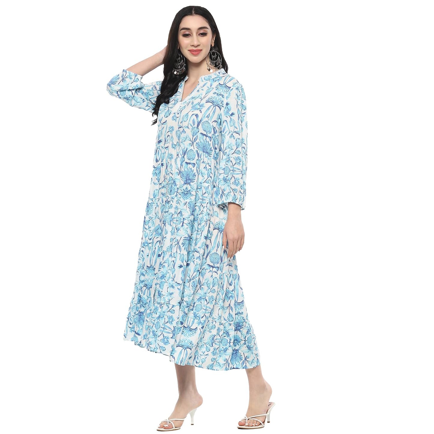 BIBA Women Cotton Printed Dress Ankle Length SUMMERSTAPLESCOLLECTION White - SaumyasStore