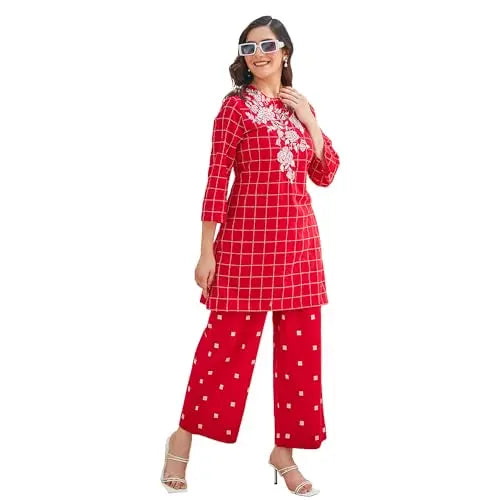 BIBA Women Cotton Straight Self Design Ethnic Set (SKD9841SS24RED_Red SaumyasStore