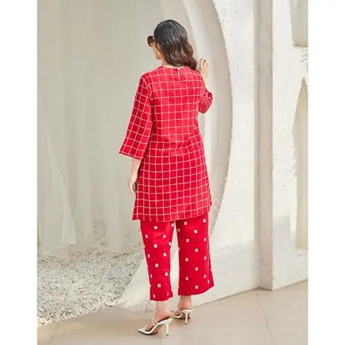 BIBA Women Cotton Straight Self Design Ethnic Set (SKD9841SS24RED_Red SaumyasStore