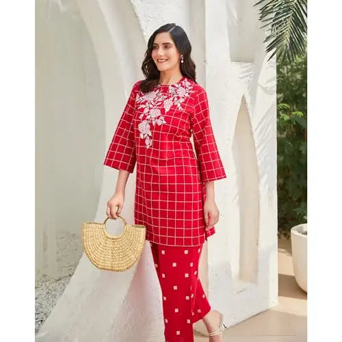 BIBA Women Cotton Straight Self Design Ethnic Set (SKD9841SS24RED_Red SaumyasStore