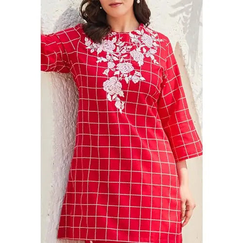 BIBA Women Cotton Straight Self Design Ethnic Set (SKD9841SS24RED_Red SaumyasStore