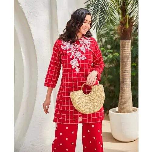 BIBA Women Cotton Straight Self Design Ethnic Set (SKD9841SS24RED_Red SaumyasStore