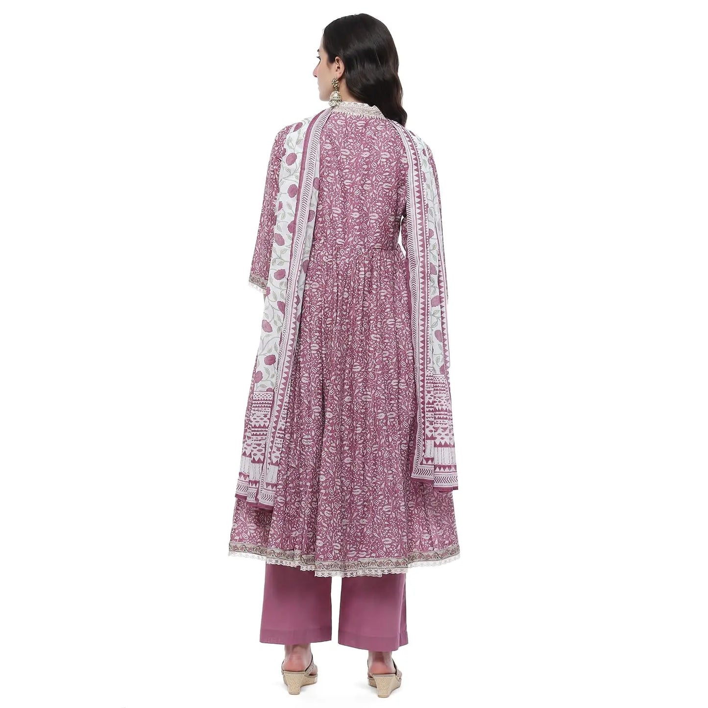 BIBA Women PRINTED ANARKALI SALWAR KURTA DUPATTA(SKDSANGANER9556_PINK_38) SaumyasStore