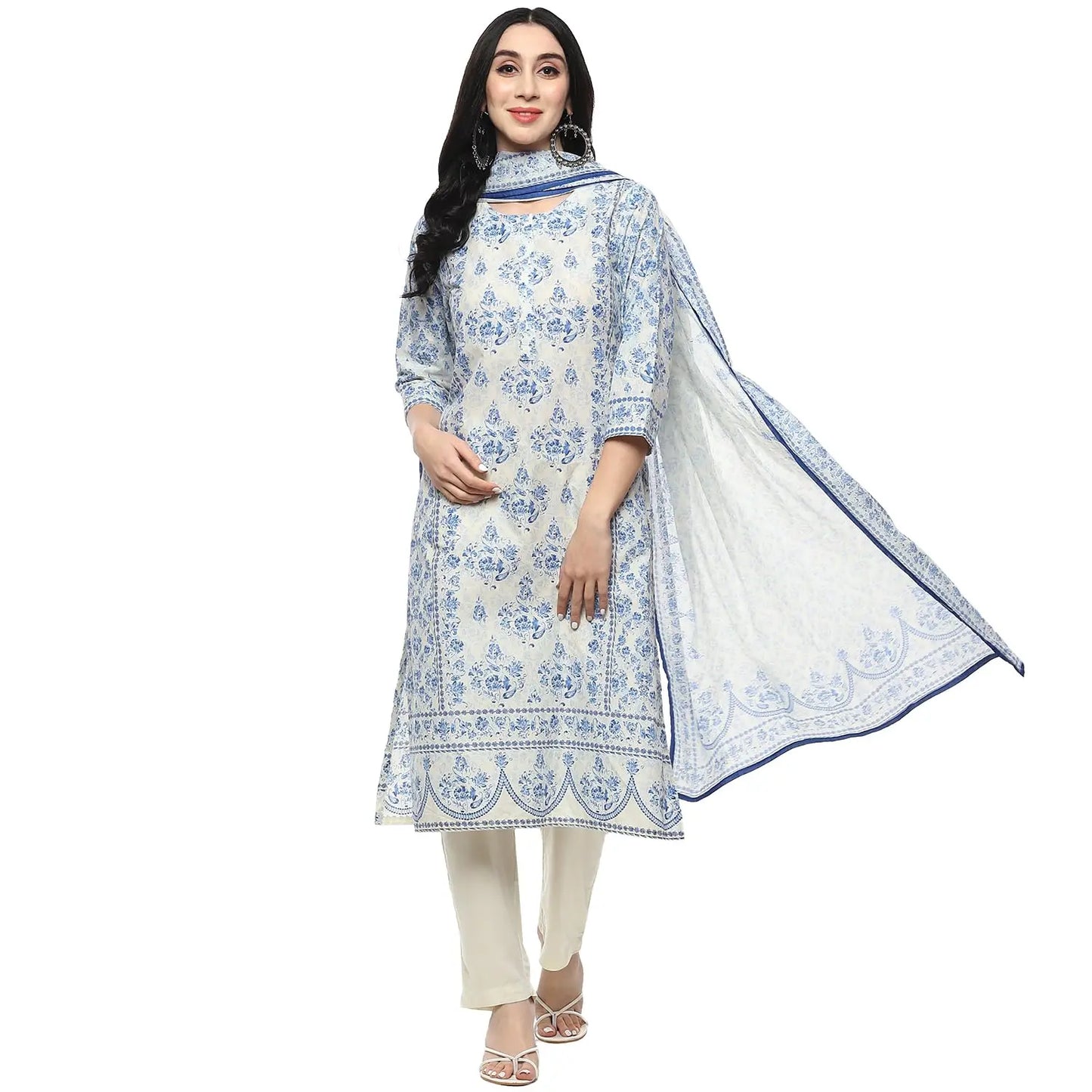 BIBA Women PRINTED STRAIGHT SALWAR KURTA DUPATTA(SKDAMBER9673_OFF WHITE/BLUE_34) SaumyasStore