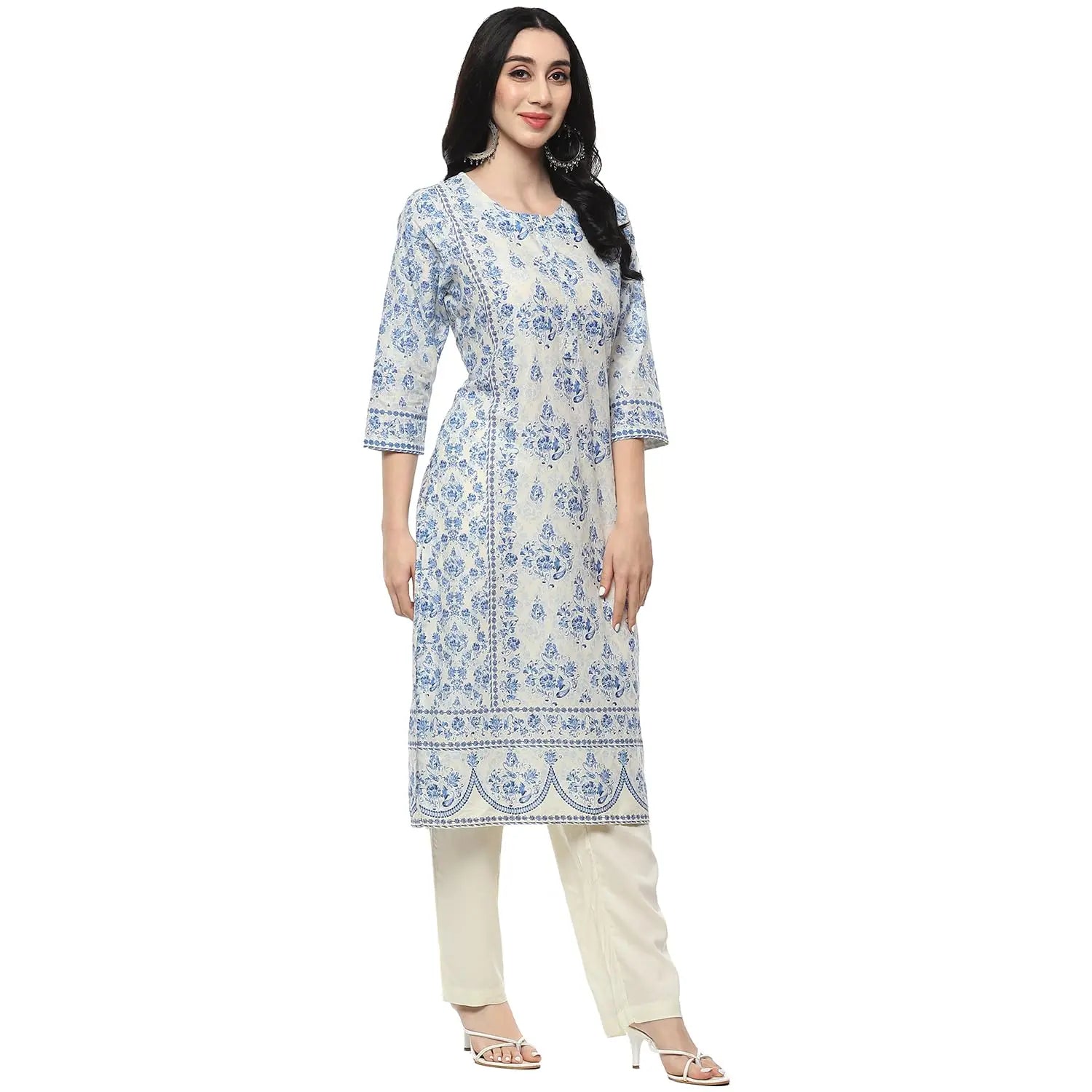 BIBA Women PRINTED STRAIGHT SALWAR KURTA DUPATTA(SKDAMBER9673_OFF WHITE/BLUE_34) SaumyasStore