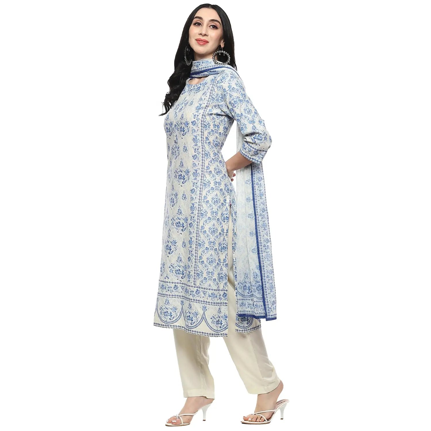 BIBA Women PRINTED STRAIGHT SALWAR KURTA DUPATTA(SKDAMBER9673_OFF WHITE/BLUE_34) SaumyasStore