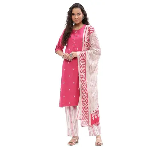 BIBA Women's Cotton Kurta,Pant,Stole (SKDASSORTED7367EAW24PINK SaumyasStore