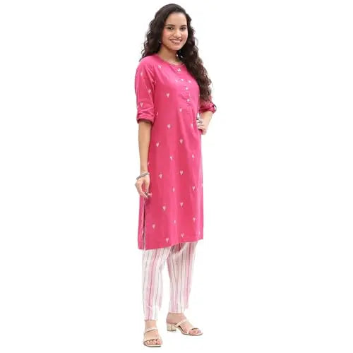 BIBA Women's Cotton Kurta,Pant,Stole (SKDASSORTED7367EAW24PINK SaumyasStore