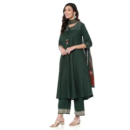 BIBA Women's Cotton Kurta (SKDKANKAR10008AW24DGRN_Dark Green SaumyasStore