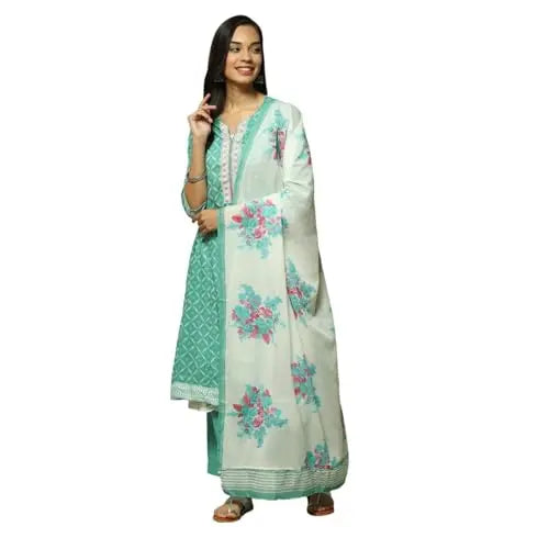 BIBA Women's Cotton Kurta Sets (SKDPHULKARI8486SS23TURQ_Turquoise SaumyasStore
