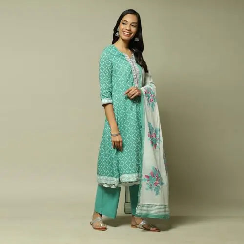 BIBA Women's Cotton Kurta Sets (SKDPHULKARI8486SS23TURQ_Turquoise SaumyasStore