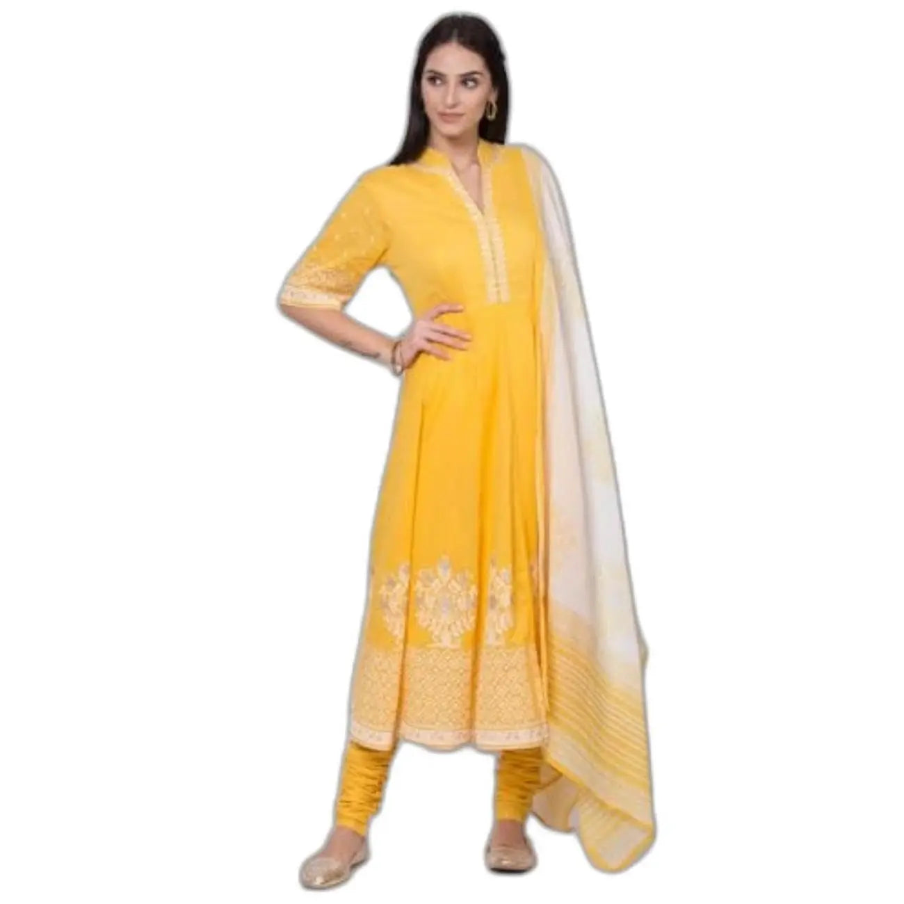 BIBA Women's Cotton Printed Fitted Salwar Kurta Dupatta (Skdassorted5919E_Yellow_36) SaumyasStore