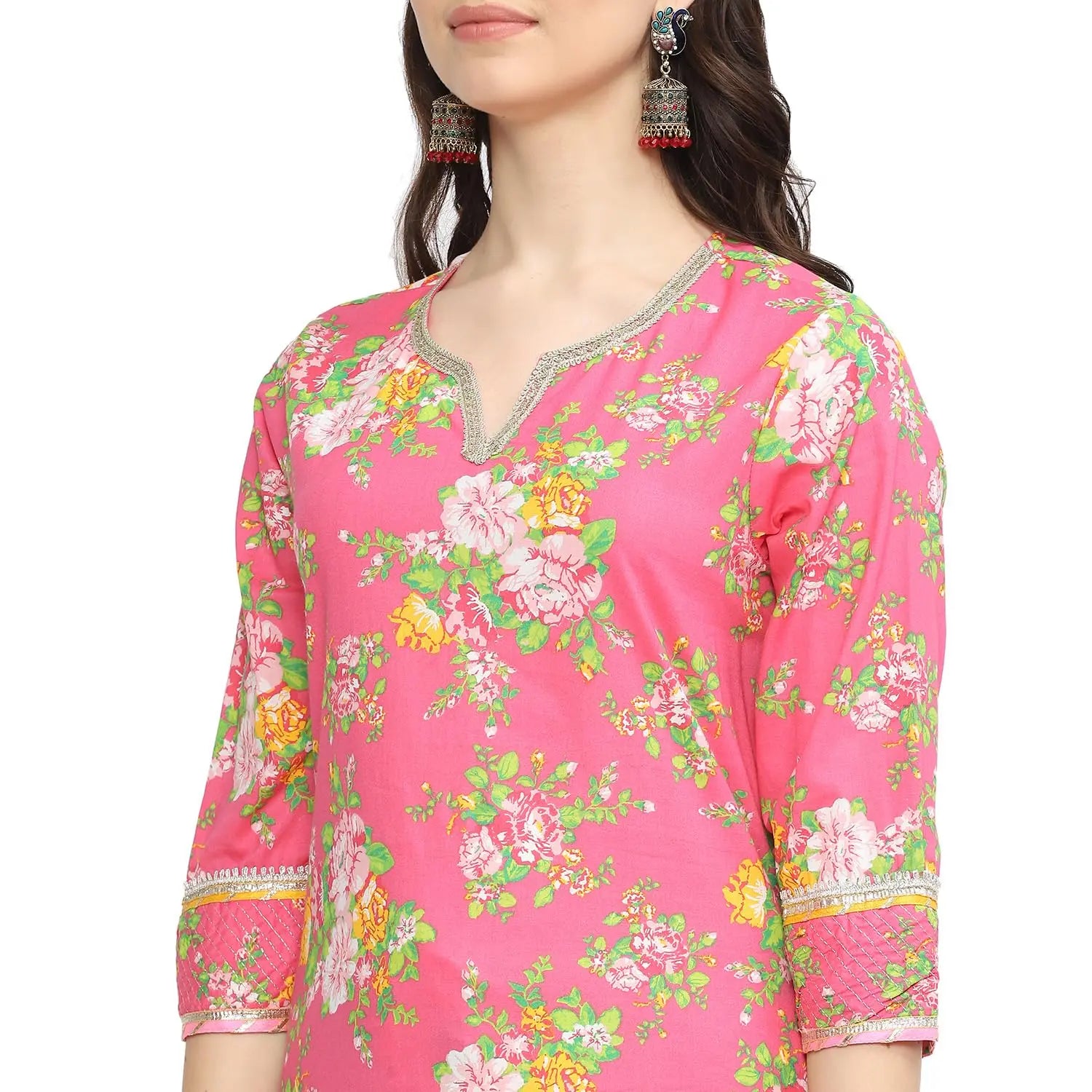 BIBA Women's Cotton Printed Straight Salwar Kurta Dupatta (Skdrang8934_Pink - Green_42) SaumyasStore