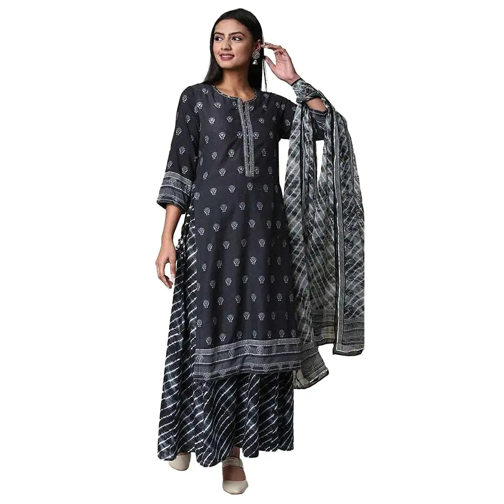 BIBA Women's Poly Muslin Salwar Suit Set (SKD7267_Black_M) SaumyasStore