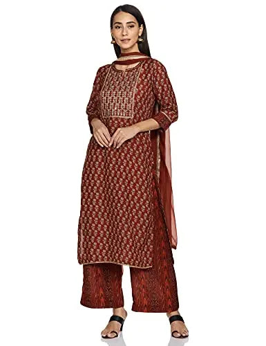 BIBA Women's Polyester Printed Straight Salwar Kurta Dupatta (Skd7631_Terracotta_40) SaumyasStore