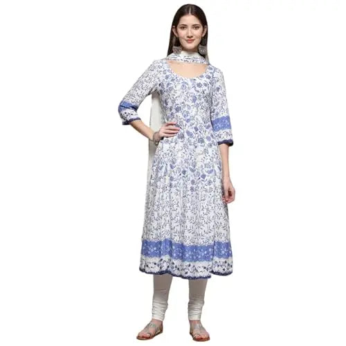 BIBA Women's Rayon Suit Set (SKDASRTD8777ESS23WHTBLU_White-Blue SaumyasStore