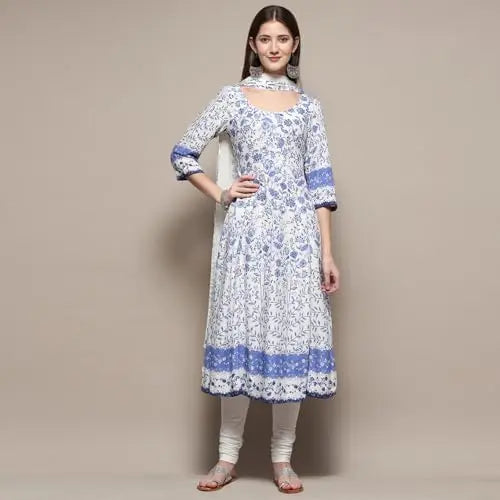 BIBA Women's Rayon Suit Set (SKDASRTD8777ESS23WHTBLU_White-Blue SaumyasStore
