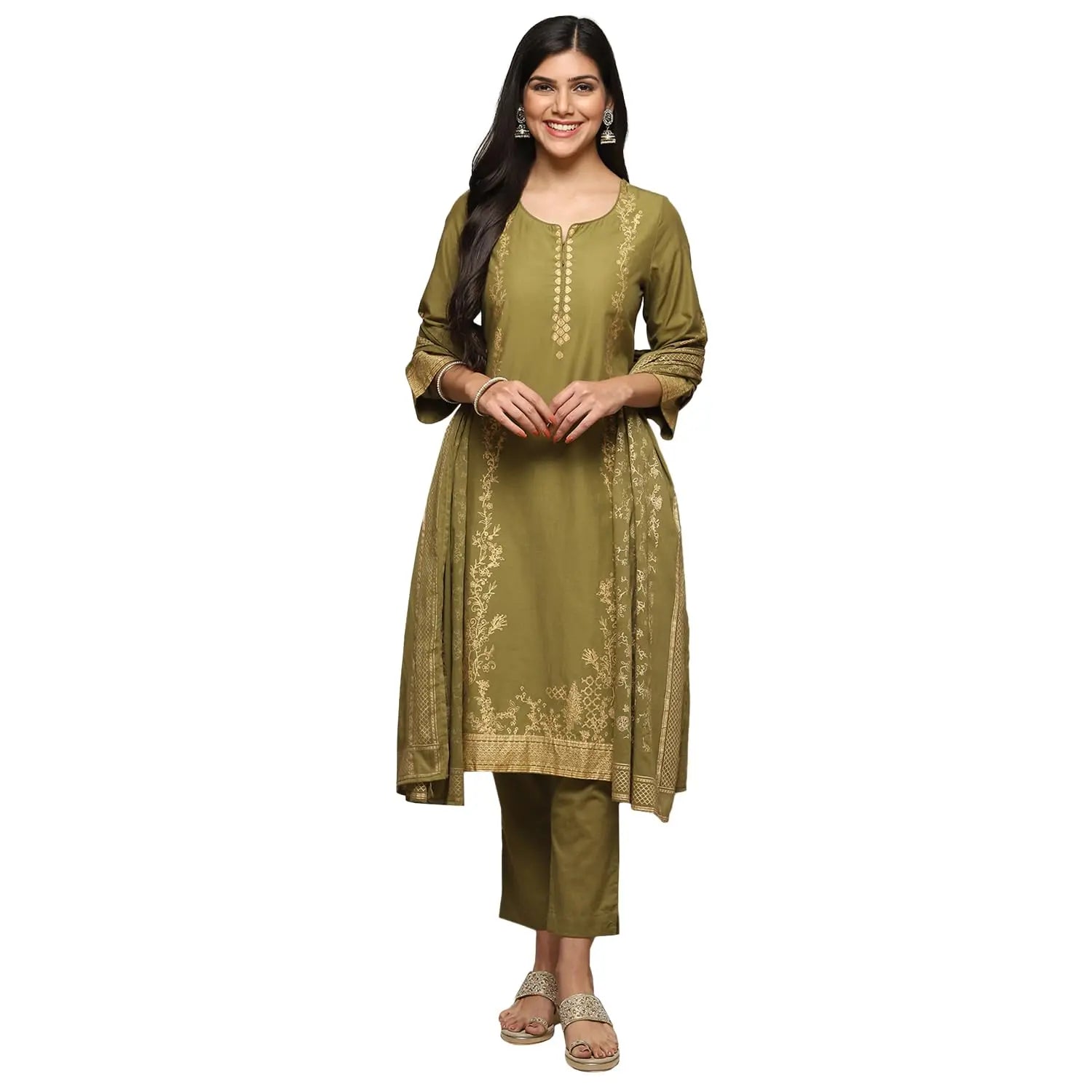 BIBA Womens Cotton Women Printed Salwar Kurta Suit Set(Skd7057E_Mehandi_38), Blue, X-Large SaumyasStore