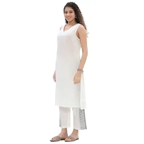 Biba Women's Cotton Kurta Set (SKDWBI10538SS25OWHT_Off White SaumyasStore