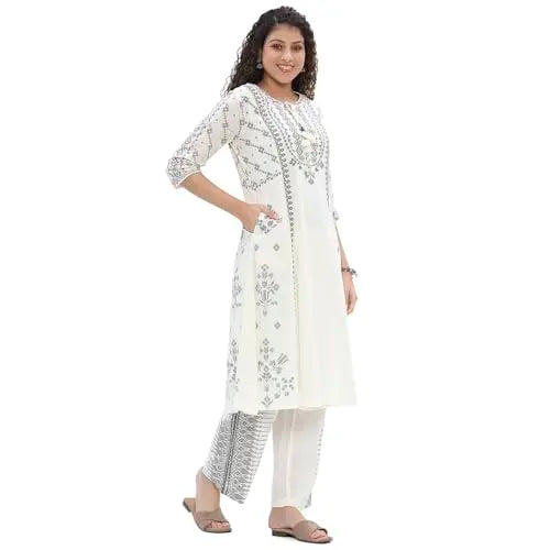 Biba Women's Cotton Kurta Set (SKDWBI10538SS25OWHT_Off White SaumyasStore